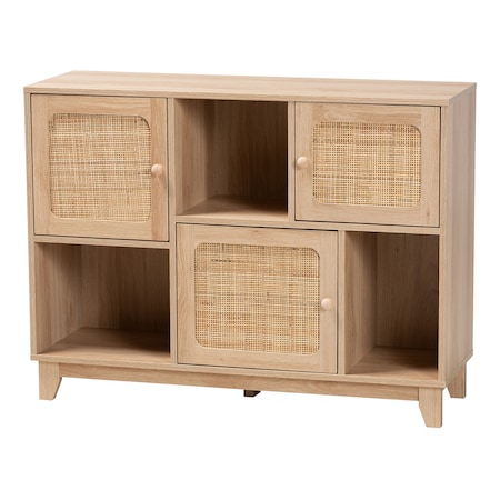 Baxton Studio Elsbeth Mid-Century Modern Light Brown Finished Wood and Natural Rattan 3-Door Sideboard 226-12955-ZORO